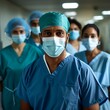 © Cesar - Portrait of a multiethnic male surgeon, in front of his medical team looking at camera with face mask. Happy and proud young Indian surgeon standing in front of his colleagues. Image generated with AI