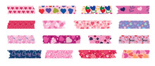 Collection Of Washi Tapes For Valentine's Day. Colorful Scrapbook Strips, Sticky Labels With Hearts.