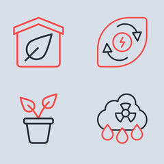 Canvas Print - Set line Water energy, Plant in pot, Acid rain radioactive cloud and Eco friendly house icon. Vector