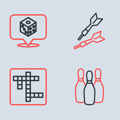 Poster - Set line Dart arrow, Crossword, Bowling pin and Game dice icon. Vector