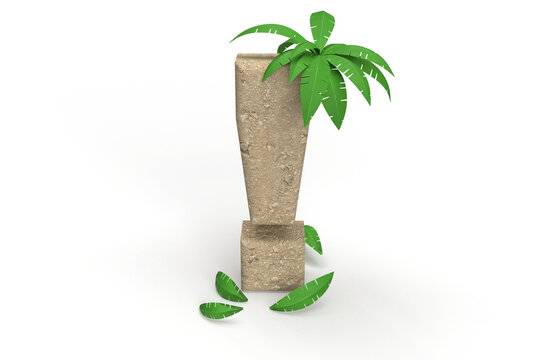 exclamation mark made of sand with palm trees for summer vacation. Banner title idea. 3d rendering