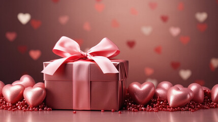 Valentine's day background with gift box, hearts and bokeh.