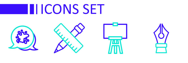 Wall Mural - Set line Fountain pen nib, Wood easel, Crossed ruler and pencil and Paint spray icon. Vector