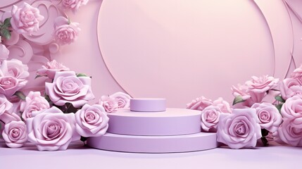 Wall Mural - a white plate with pink flowers is placed on white backdrop with clouds
