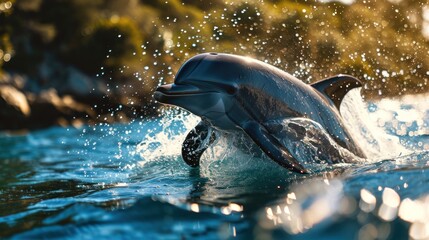 Poster -  a close up of a dolphin in a body of water with it's head sticking out of the water.