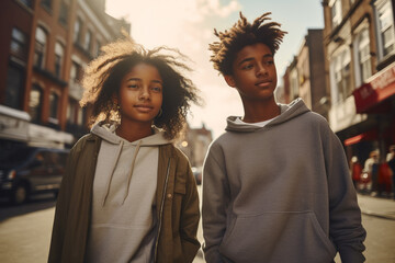 Wall Mural - Two African - American teenagers in blank hoodies walking in city street. Mock up design template for hoodies and casual sportswear