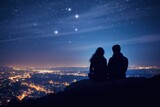 Fototapeta Natura - Two individuals sitting side by side on a hill, gazing upward at the twinkling stars above them, Silhouette of a couple sitting on a pier watching the sun setting on the horizon, AI Generated