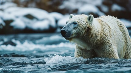 Poster -  a close up of a polar bear in a body of water with snow on the ground and rocks in the background.