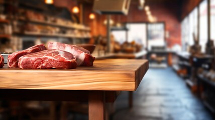 red meat on a table in a butcher shop, delicatessen advertising, traditional butchery and cured meat