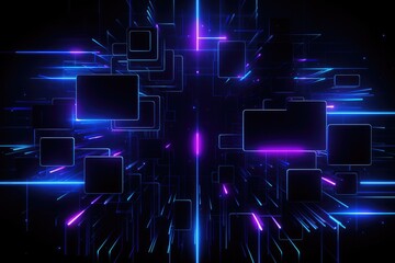 Poster - An image featuring a black and purple abstract background adorned with squares and rectangles, Illustrate the chaotic beauty in an abstract splash of orange and blue, AI Generated