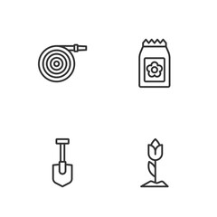 Poster - Set line Flower tulip, Shovel, Garden hose and Pack full of seeds icon. Vector