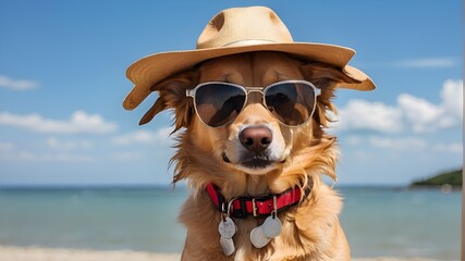 Wall Mural - dog with hat
dog on the beach