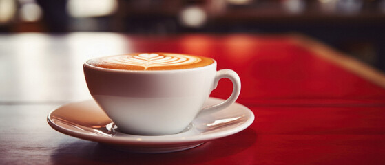 Wall Mural - Coffee cup on wooden table in coffee shop blur background.