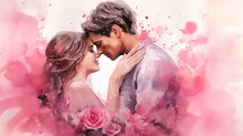 Watercolor Illustration Of A Couple In A Tender Embrace Surrounded By Falling Pink Rose Petals. Romantic Moment. Ideal As A Postcard For Valentines Day, Wedding, Or Love Story Themes