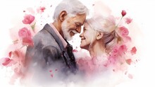 Affectionate Elderly Couple Shares A Heartfelt Kiss Amidst A Whimsical Watercolor Backdrop Of Rose Petals, Evoking Everlasting Love. Ideal For Greeting Cards And Sentimental Themes. Valentines Day