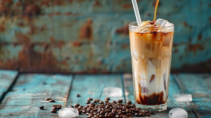 Milk Being Poured Into Iced Coffee on a dark grunge teal wooden table background with copy space.