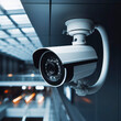A security camera is mounted on the ceiling of a building close up. ai generative