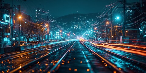 Aufkleber - Cityscape Connections: The illuminated web of data transfer intertwining the urban streets on the information highway of the Internet of Things