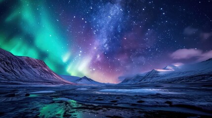 a night sky filled with stars and a green and purple aurora bore above a mountain covered in snow an