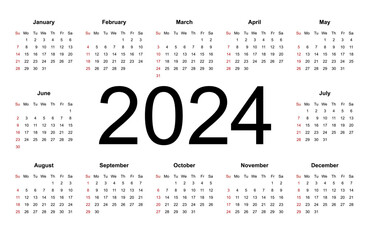 Wall Mural - Calendar template for 2024 year. Week starts from Sunday. Isolated vector illustration on white background.