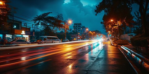 Aufkleber - Urban Connectivity in Motion: The dynamic dance of car lights on the information highway, weaving through city streets in the Internet of Things era