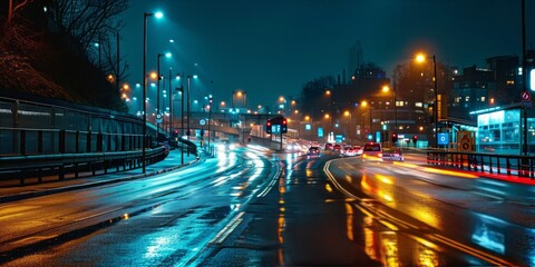 Aufkleber - Urban Connectivity in Motion: The dynamic dance of car lights on the information highway, weaving through city streets in the Internet of Things era