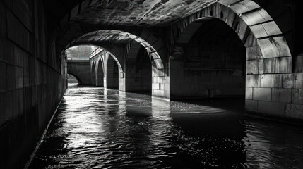 Sticker -  a black and white photo of a river under a bridge with a light at the end of the tunnel and the light at the end of the tunnel.