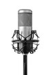 Silver microphone on the gray background isolated. Transparent PNG image.
