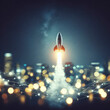 Space rocket launch in clear skies, startup concept on blurry glowing black circles background. ai generative
