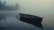 Wooden boat on a misty lake with pine trees on the shore
