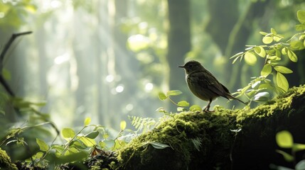 Sticker -  a small bird perched on a mossy log in a forest with sunlight streaming through the trees in the background.