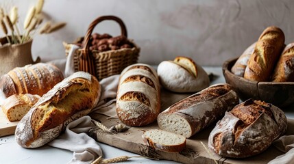 Sticker -  a table topped with loaves of bread next to a basket filled with loaves of loaves of bread.