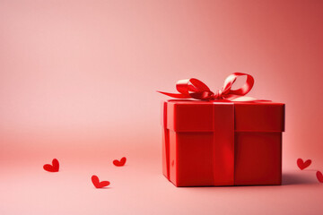 Red gift box with red ribbon on red background. Valentines day.