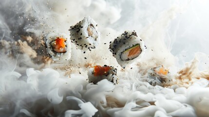 Poster -  a group of sushi rolls sitting on top of a pile of white smoke on top of a white table.