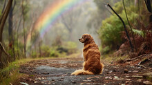 Golden Retriever, Forest Footpath And Rainbow