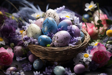 Luxury Colorful Easter Eggs Laying In The Basket With Spring Flowers In Front Of Dark Background. White Blue And Purple Eggs With Spots In Rattan Basket Surrounded With Roses, Daffodils And Asters