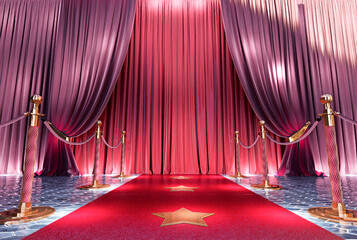 Wall Mural - 3d render of red carpet with golden barriers leading to red silk curtains, vip background
