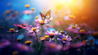 romantische Frühlingswiese mit Blumen und Schmetterling