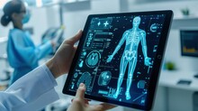 Virtual AI Assistant Displayed On A Tablet Or Screen. Artificial Intelligence Emerging Role In Patient Interaction And Telemedicine. Accessible, AI-enhanced Healthcare Services
