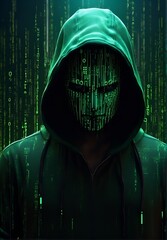 Wall Mural - man, hacker, in a green sports coat with a hood on his head on a green background with a binary code