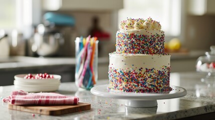 Sticker -  a three tiered cake with sprinkles on top of a counter next to a glass of water.