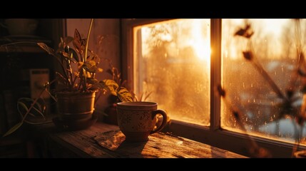 Poster -  a cup sitting on a window sill next to a potted plant and a potted plant in front of a window.