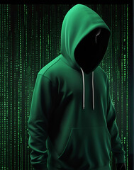 man, hacker, in a green sports coat with a hood on his head on a green background with a binary code