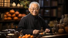 Portrait Of A Smiling Elderly Asian Man In Traditional Clothing