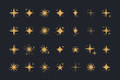 Sparkling Stars Collection Gold Colored. Cute Decorative Sparkles. Vector Illustration of Cartoon Shiny Glittering Twinkles.