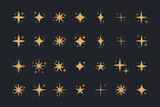 Fototapeta  - Sparkling Stars Collection Gold Colored. Cute Decorative Sparkles. Vector Illustration of Cartoon Shiny Glittering Twinkles.