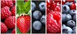 Collage of berry products with white vertical lines   divided into 7 brightly lit segments