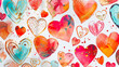 Colorful watercolor heart patterns, vibrant love symbols, artistic Valentine's background, hand-painted romance theme.