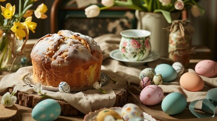 Wall Mural -  a bundt cake sitting on top of a wooden table next to a cup of coffee and a vase of flowers.