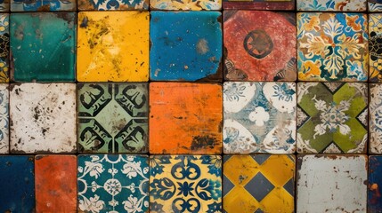 Sticker -  a close up of a multicolored tile wall with different shapes and sizes of tiles on top of each other.